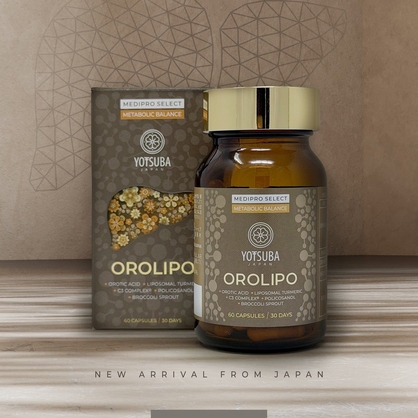 A bottle and box of OROLIPO men's dietary supplement are shown on a neutral surface, labeled as a new arrival from Japan with floral design elements, formulated to support liver function.