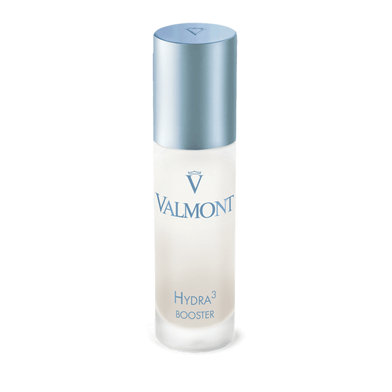 A frosted bottle of Hydra3 Booster, a hydrating face serum with hyaluronic acid, features a metallic blue cap, blue lettering, and a sleek design set against a plain white background.