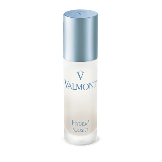 A frosted bottle of Hydra3 Booster, a hydrating face serum with hyaluronic acid, features a metallic blue cap, blue lettering, and a sleek design set against a plain white background.