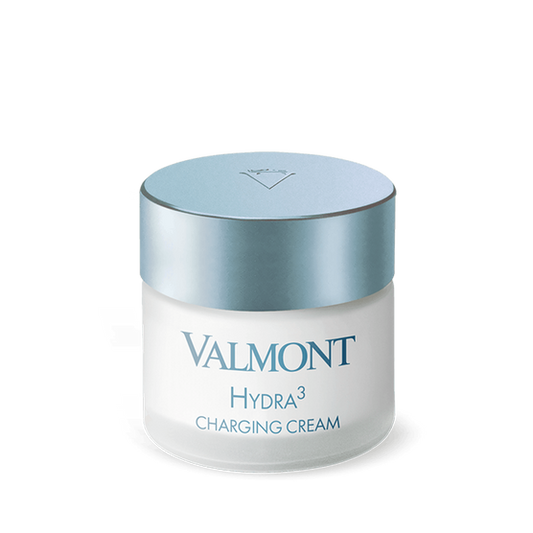 A white jar of Hydra3 Charging Cream with a light blue metallic lid and blue lettering sits on a plain white background—this cream delivers long-lasting hydration for revitalized skin.