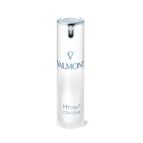 A sleek, tall white bottle of Hydra3 Contour face cream with a silver pump and blue text rests on a plain background—ideal for hydrating and smoothing the eye contour.