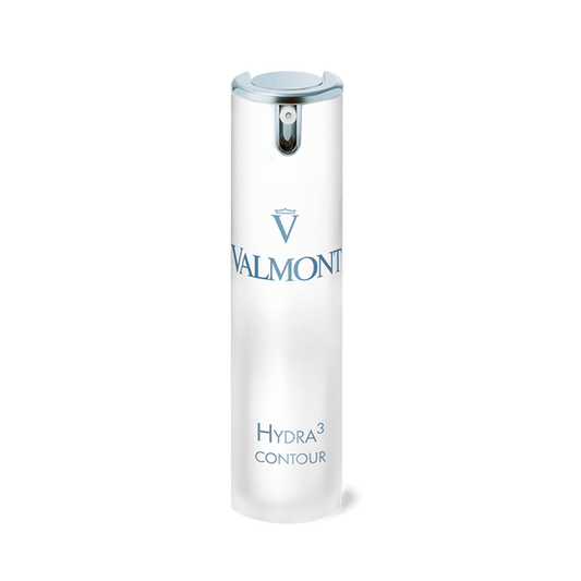 A sleek, tall white bottle of Hydra3 Contour face cream with a silver pump and blue text rests on a plain background—ideal for hydrating and smoothing the eye contour.