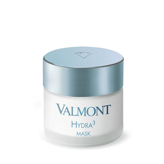 A white jar with a metallic blue lid labeled Hydra3 Mask is set against a light gray background, showcasing this hydrating skincare mask enriched with hyaluronic acid.