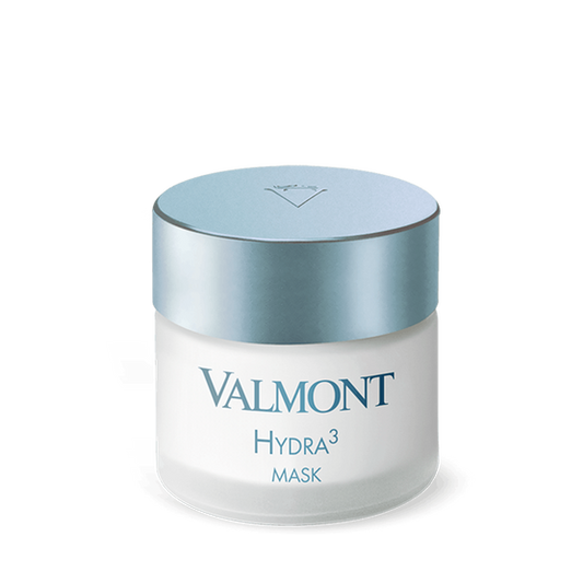 A white jar with a metallic blue lid labeled Hydra3 Mask is set against a light gray background, showcasing this hydrating skincare mask enriched with hyaluronic acid.