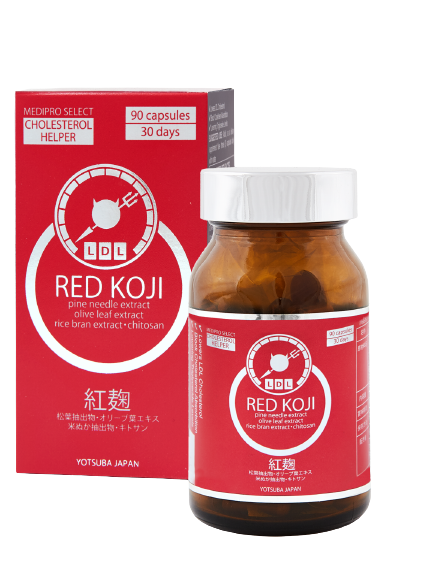A red and white bottle and box of LDL RED KOJI pine needle extract olive leaf extract rice bran extract-chitosan dietary supplement, labeled for cholesterol support, contains 90 capsules (30-day supply) with Japanese and English text.