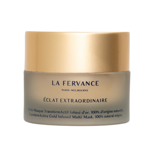 A jar of LA Fervance Eclat Extraordinaire with a gold lid and frosted container, labeled as gold-infused and made from 100% natural origins.