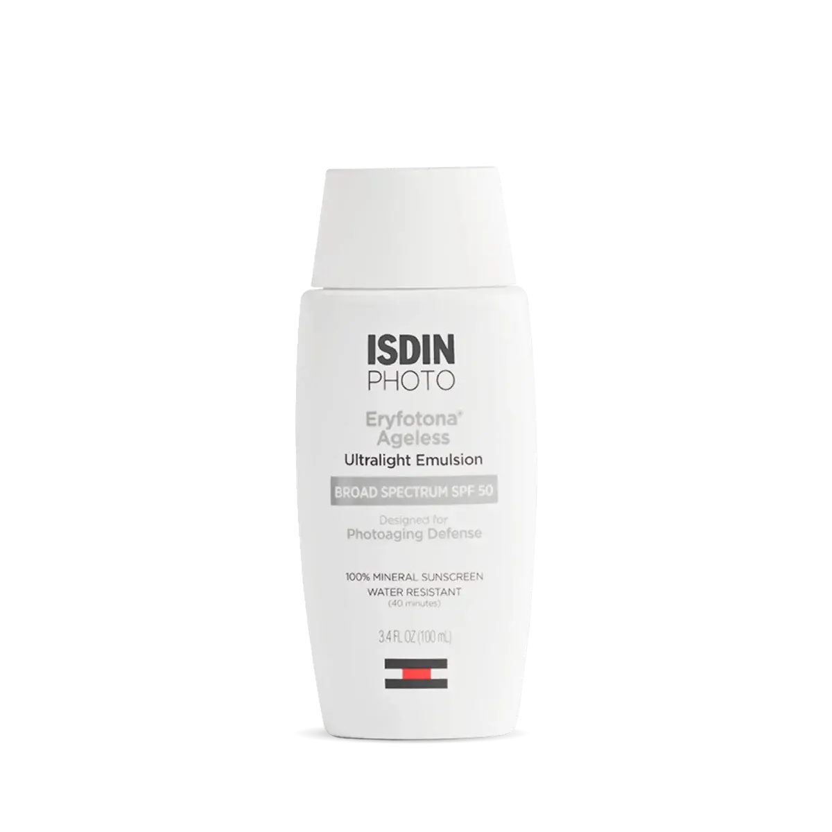 Eryfotona Ageless is a white bottle of SPF 50 mineral sunscreen (3.4 fl. oz) offering broad spectrum, water-resistant protection with DNA Repairsomes from ISDIN PHOTO.
