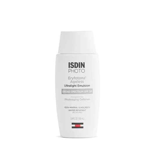 Eryfotona Ageless is a white bottle of SPF 50 mineral sunscreen (3.4 fl. oz) offering broad spectrum, water-resistant protection with DNA Repairsomes from ISDIN PHOTO.