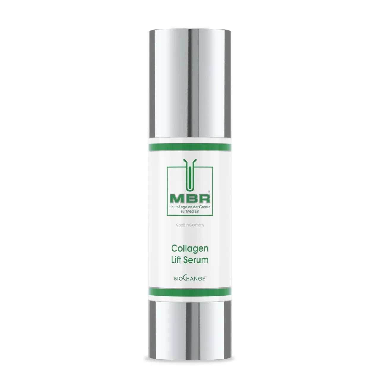 A white and silver bottle of MBR Hautpflege an der Grenze zur Medizin - Collagen Lift Serum with green accents, displaying the product name and branding on the front label.
