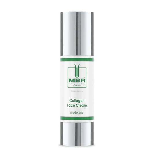 The MBR Collagen Face Cream comes in a bottle with a silver cap and base, featuring a white label with green accents. The product name and branding are clearly visible on the front.
