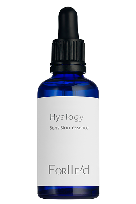 A blue glass dropper bottle labeled Forlled Hyalogy SensiSkin essence with a black cap, shown against a plain light background—designed to support the skin barrier and help reduce redness.