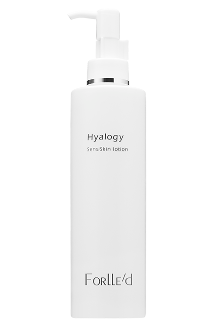 A white pump bottle of Hyalogy SensiSkin lotion with Forlle’d branding on a light background—formulated for sensitive skin and supports restoration of the skin barrier.
