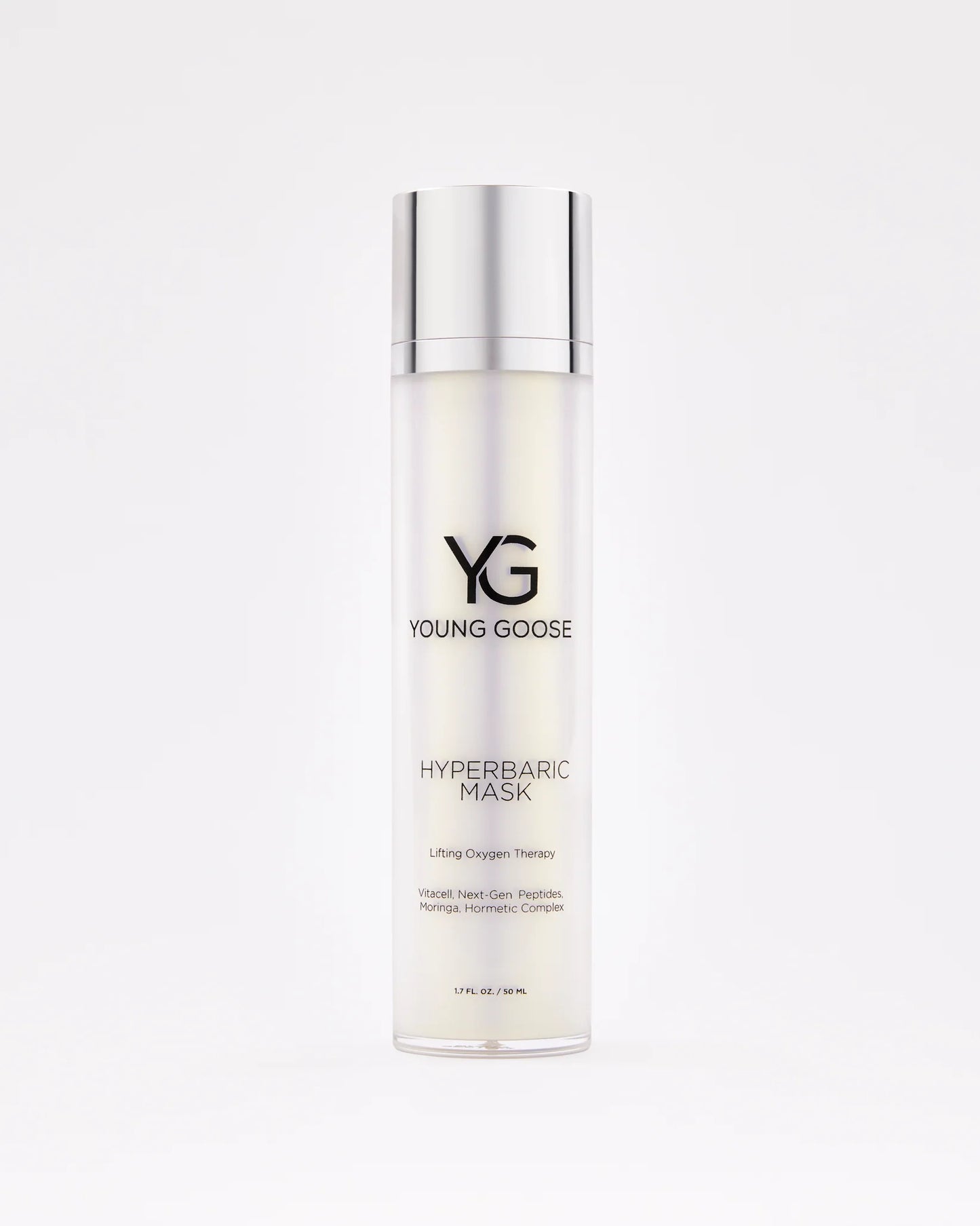 A tall cylindrical bottle of Hyperbaric Mask with a silver cap, clear body, and minimalistic black text label stands upright against a plain white background, highlighting its Oxygen Therapy benefits for instant hydration.