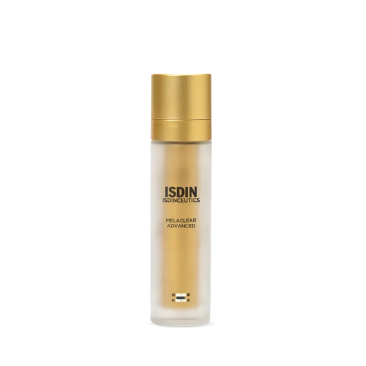 A frosted bottle with a gold cap labeled ISDINCEUTICS Melaclear Advanced stands against a plain black background.