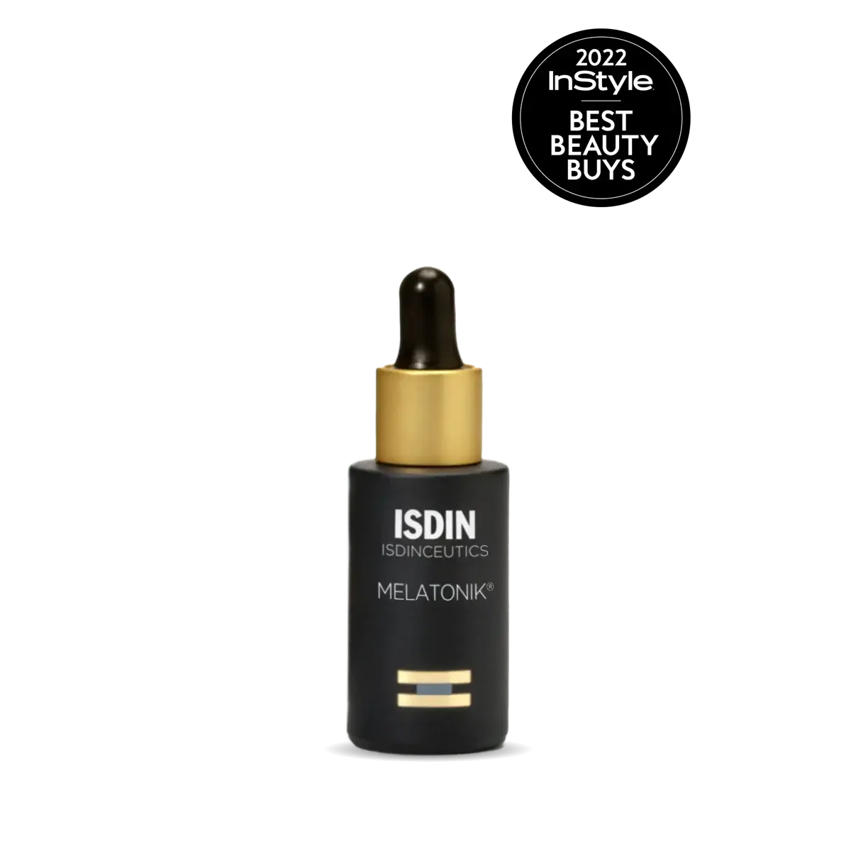 A black bottle of ISDINCEUTICS Melatonik® serum with a gold dropper cap rests on a black background, featuring a 2022 InStyle BEST BEAUTY BUYS badge in the corner.