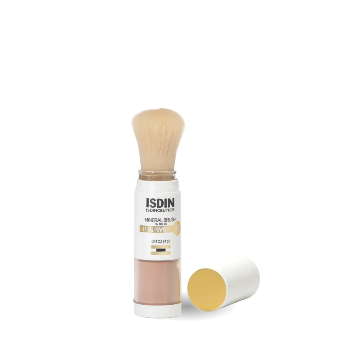 ISDINCEUTICS Mineral Brush is a mineral powder sunscreen with beige powder and a built-in top brush. The cap is removed and set aside, offering photoaging defense on the go.