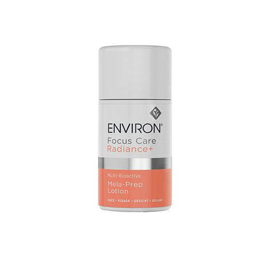 A luxurious lotion in a white bottle with an orange label, Multi-Bioactive Mela-Prep Lotion targets uneven skin tone on the face and neck. The upright bottle stands against a plain white background.