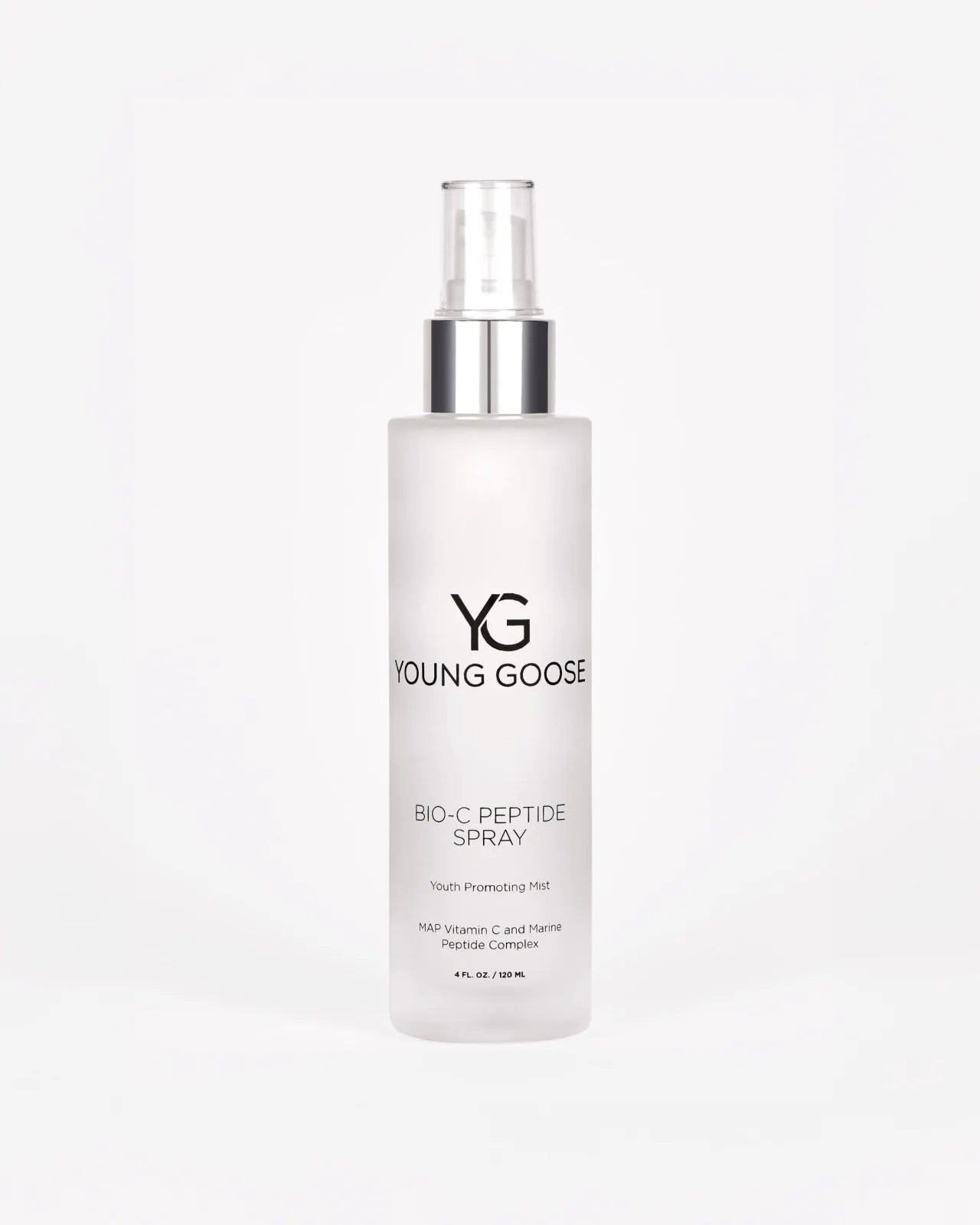 A frosted spray bottle labeled Bio-C Peptide Spray, a youth-promoting mist with blue light protection, featuring MAP Vitamin C and Marine Peptide Complex. Clear cap shown against a white background.