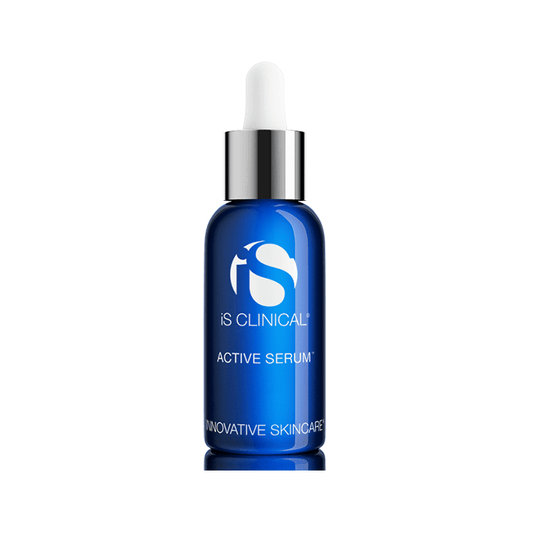 A blue 30ml glass dropper bottle labeled iS Clinical Active Serum, featuring a silver cap and white dropper, targets fine lines and wrinkles and is shown against a plain white background.