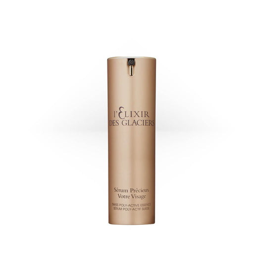 Elixir des Glaciers Sérum Précieux Votre Visage in a frosted glass bottle with a gold cap, a luxurious anti-aging serum designed to lift, smooth, and rejuvenate the face.