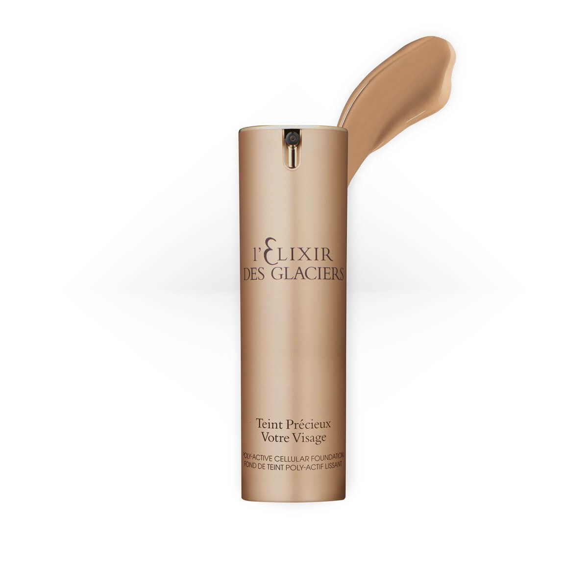 Elixir des Glaciers Teint Précieux in shade Amber Florence, a luxurious foundation in a frosted glass bottle with a gold cap.