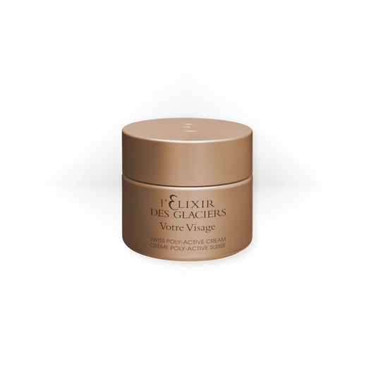 Elixir des Glaciers Votre Visage in a luxurious frosted glass jar with a gold lid, an anti-aging face cream designed to lift, firm, and deeply nourish the skin.