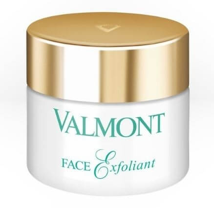 Valmont Face Exfoliant in a white tube with a silver cap and green logo text, a gentle exfoliating scrub designed to smooth and refine skin texture.