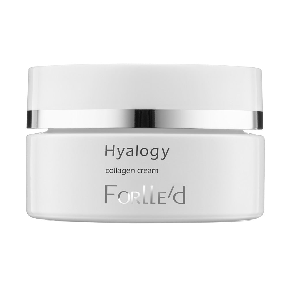 A white jar of Hyalogy CLG Cream with a silver accent and minimalist design, featuring the product name on the front. Designed to support collagen repair and promote skin regeneration.