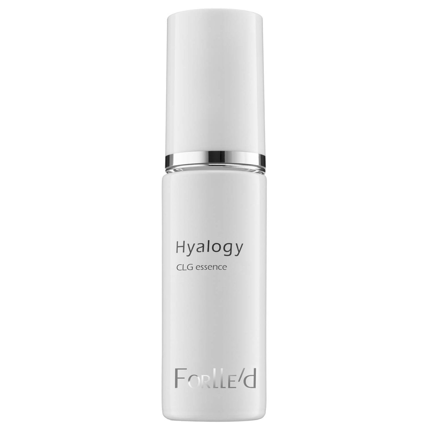 A white bottle of Hyalogy CLG Essence, a collagen serum with a silver band and minimalist gray text, stands out against a plain background, emphasizing its role in skin regeneration.
