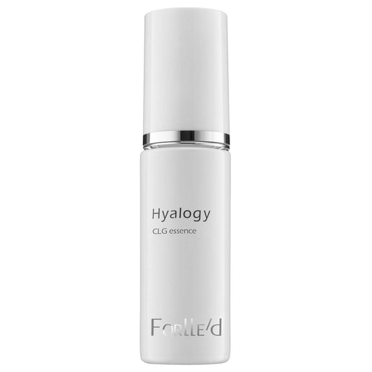 A white bottle of Hyalogy CLG Essence, a collagen serum with a silver band and minimalist gray text, stands out against a plain background, emphasizing its role in skin regeneration.