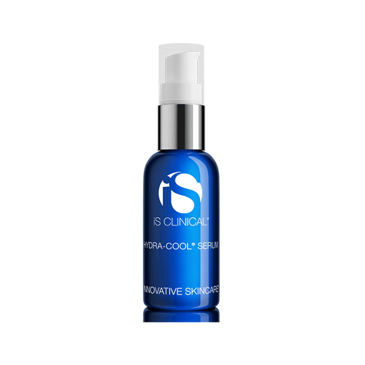 A blue 30ml bottle of iS Clinical Hydra-Cool Serum with a white pump and silver collar labeled Innovative Skincare, designed for sensitive skin, is shown against a plain white background.