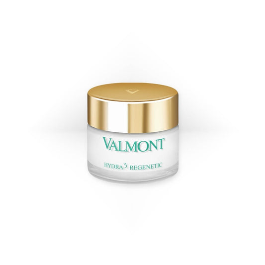 Valmont Hydra3 Regenetic Cream in a white jar with a shiny silver lid and green logo text, designed for intense hydration and skin regeneration.