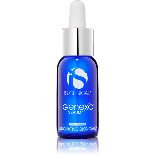 A blue glass bottle of iS Clinical GeneXC Serum 30ml with a white dropper cap, labeled as innovative anti-aging skincare, is shown on a white background with its reflection visible below.