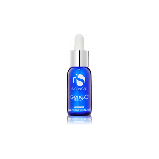 A blue glass dropper bottle labeled iS Clinical GENEXC Serum 15ml with a white cap stands upright on a plain white background.