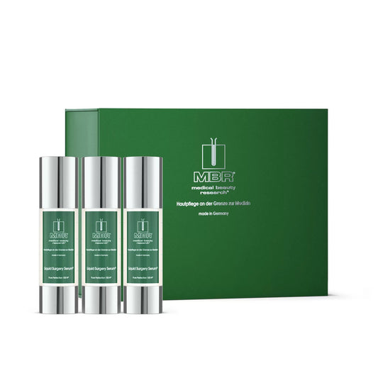 A green MBR - Medical Box holds three silver-capped Liquid Surgery Serum bottles, all with matching green and white designs, highlighting a revolutionary serum with a synthetic oxygen carrier for rejuvenating cell metabolism.