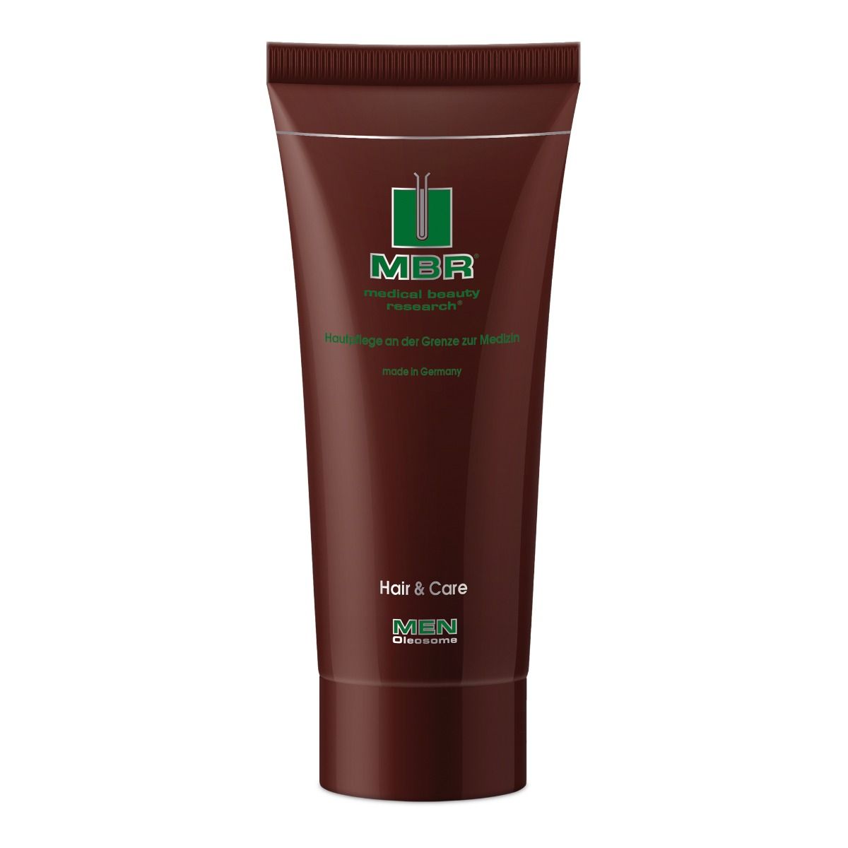A brown tube labeled MBR Men - Hair & Care with green and white text, designed in Germany for mens hair strengthening and care, featuring a flip-top cap.
