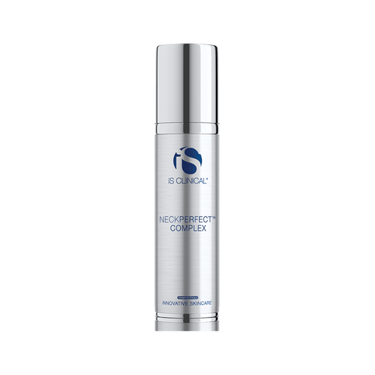 A silver cylindrical bottle of iS Clinical Neck Perfect Complex with blue text and a metallic cap stands upright against a white background, designed to improve skin tone with its age-defying formula.