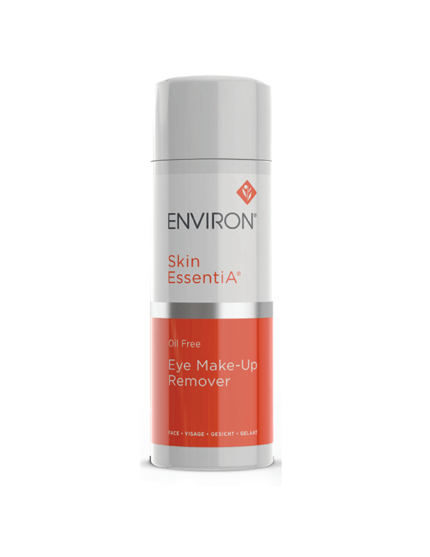 A cylindrical bottle of Oil Free Eye Make-up Remover with a white and orange label stands upright against a white background—ideal for gently cleansing the delicate eye area.