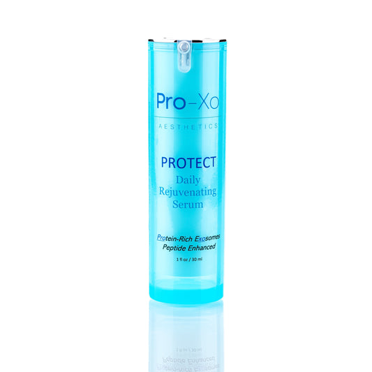 A blue cylindrical bottle labeled Pro-Xo Protect with white and blue text stands upright on a white background. This exosome serum contains 1 fl oz (30 ml) of formula.