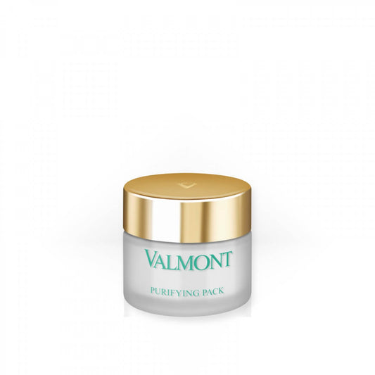 Valmont Purity Purifying Pack in a white jar with a silver lid and green logo text, a deep-cleansing face mask designed to detoxify and clarify the skin.