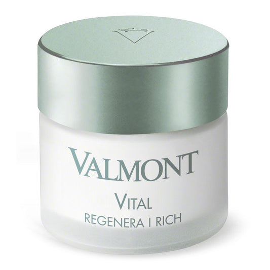 A white jar of VALMONT VITAL REGENERA RICH cream with a silver lid, featuring green text with the product name on the front.