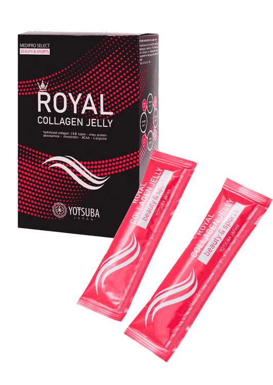 A black and red box labeled ROYAL COLLAGEN JELLY n appears next to two red single-serve jelly stick packs, each featuring the product name and a white wavy design.