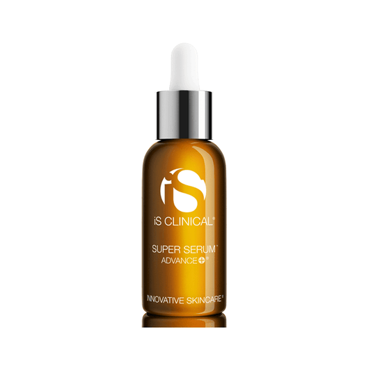A brown glass dropper bottle labeled iS Clinical Super Serum Advance 15ml features a white dropper cap with a silver collar, standing upright against a white background.