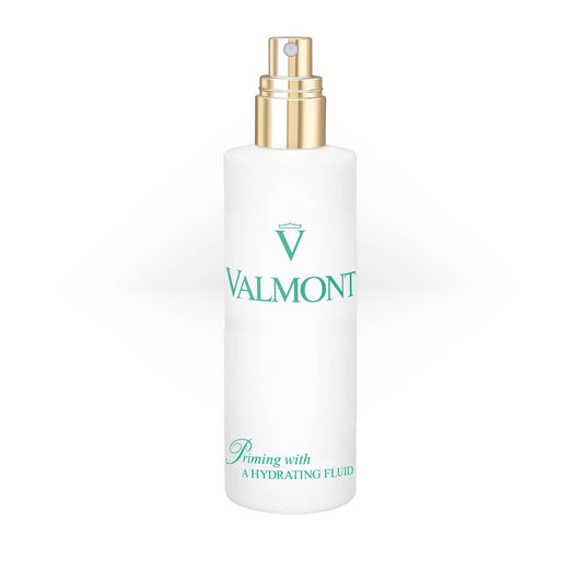 Valmont Priming With a Hydrating Fluid in a white bottle with a silver cap and green logo text, a lightweight toner designed to hydrate and prepare the skin for treatment.