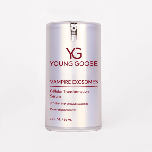 A silver bottle of Vampire Exosomes serum, labeled with red text detailing "3 Trillion PRP-Derived Exosomes" and "Penetration Enhancers," features advanced exosome therapy for collagen regeneration. 1 fl oz (30 ml).