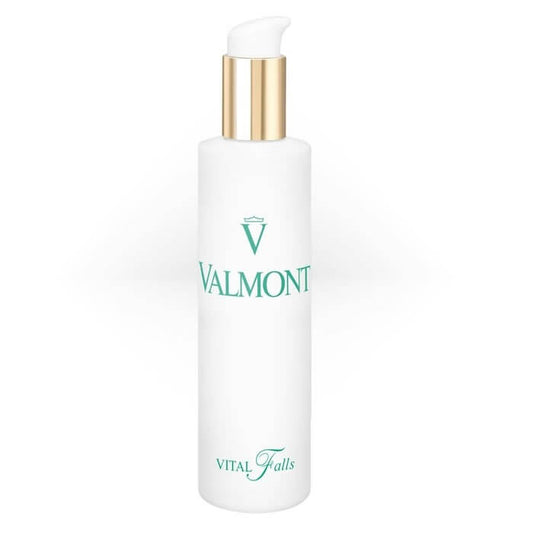 Valmont Vital Falls Toner in a tall white bottle with a silver cap and green logo text, a balancing toner designed to refresh and soothe the skin after cleansing.