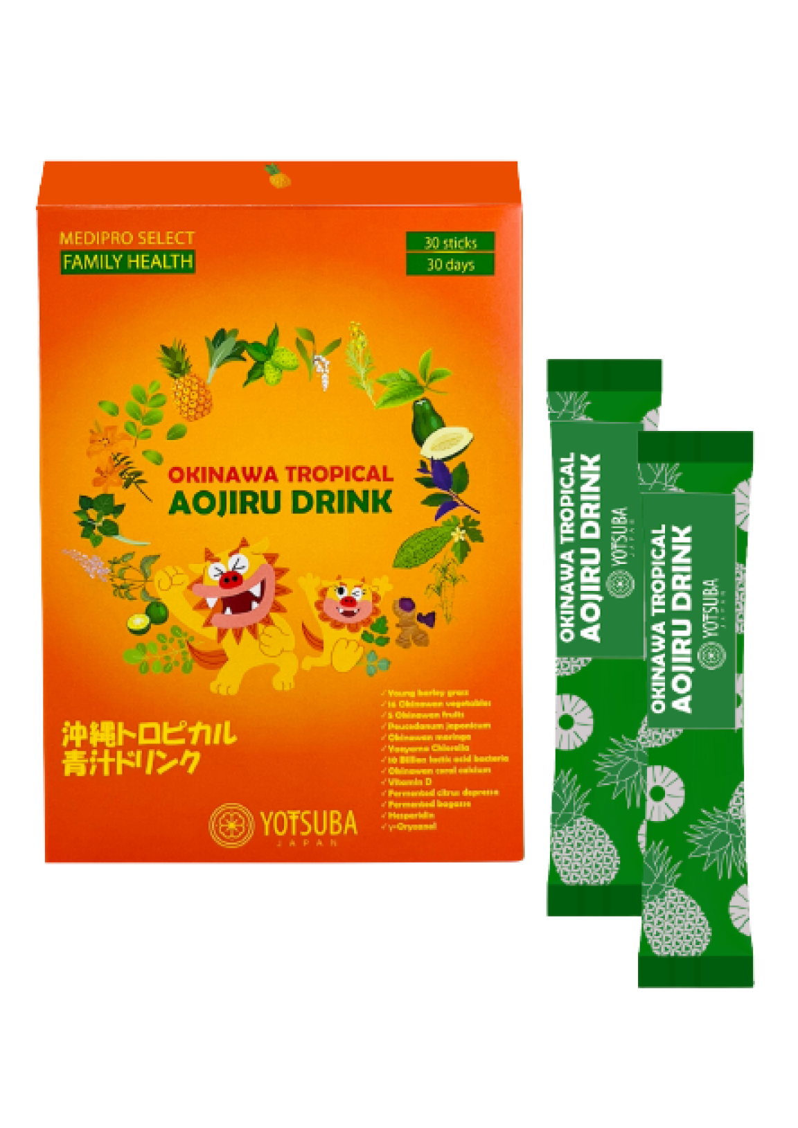 An orange box labeled OKINAWA TROPICAL AOJIRU DRINK features vibrant tropical fruit and leaf illustrations, with two green stick packs placed beside it.