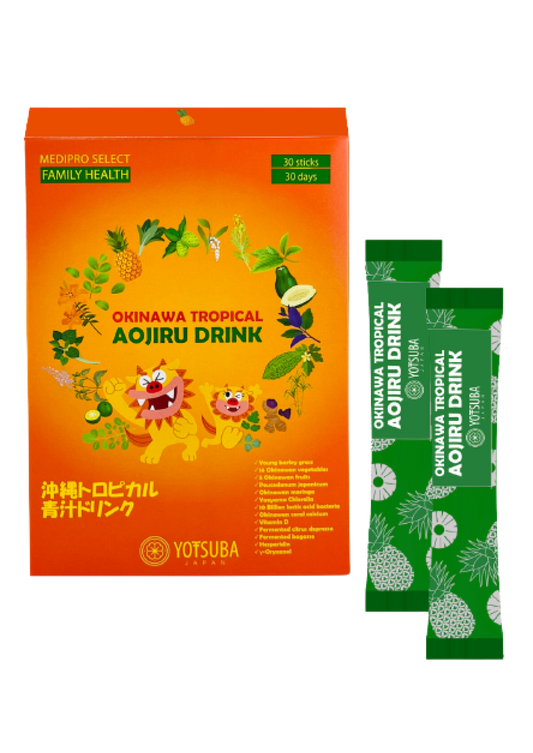 An orange box labeled OKINAWA TROPICAL AOJIRU DRINK features vibrant tropical fruit and leaf illustrations, with two green stick packs placed beside it.