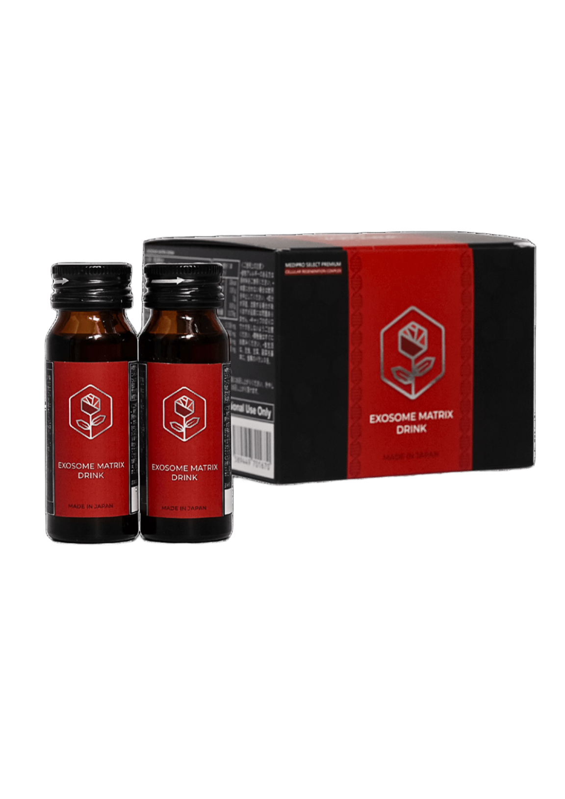 Two small dark bottles of Exosome Matrix drink with red labels and high-potency exosomes stand in front of a sleek black box featuring a red stripe, hexagon logo, and matching red and white branding.