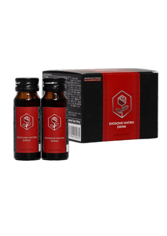 Two small dark bottles of Exosome Matrix drink with red labels and high-potency exosomes stand in front of a sleek black box featuring a red stripe, hexagon logo, and matching red and white branding.